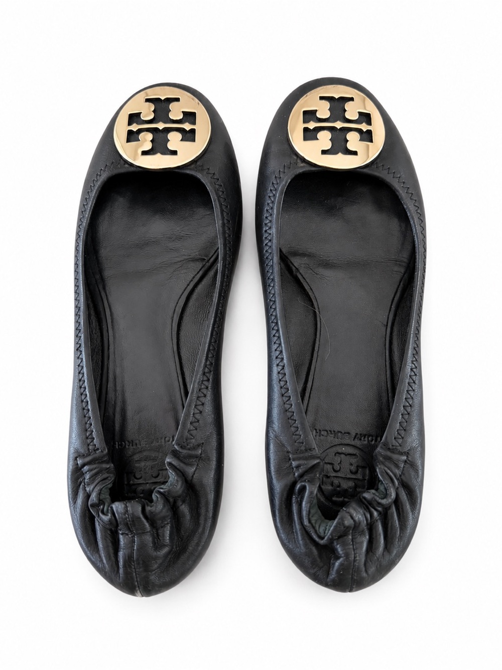 Tory Burch Reva Black Leather Ballet Flats with Gold Logo Disk
